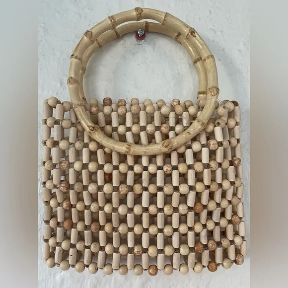 Handcrafted summer vintage tan wood beaded clutch bag with circle handles - Picture 1 of 4